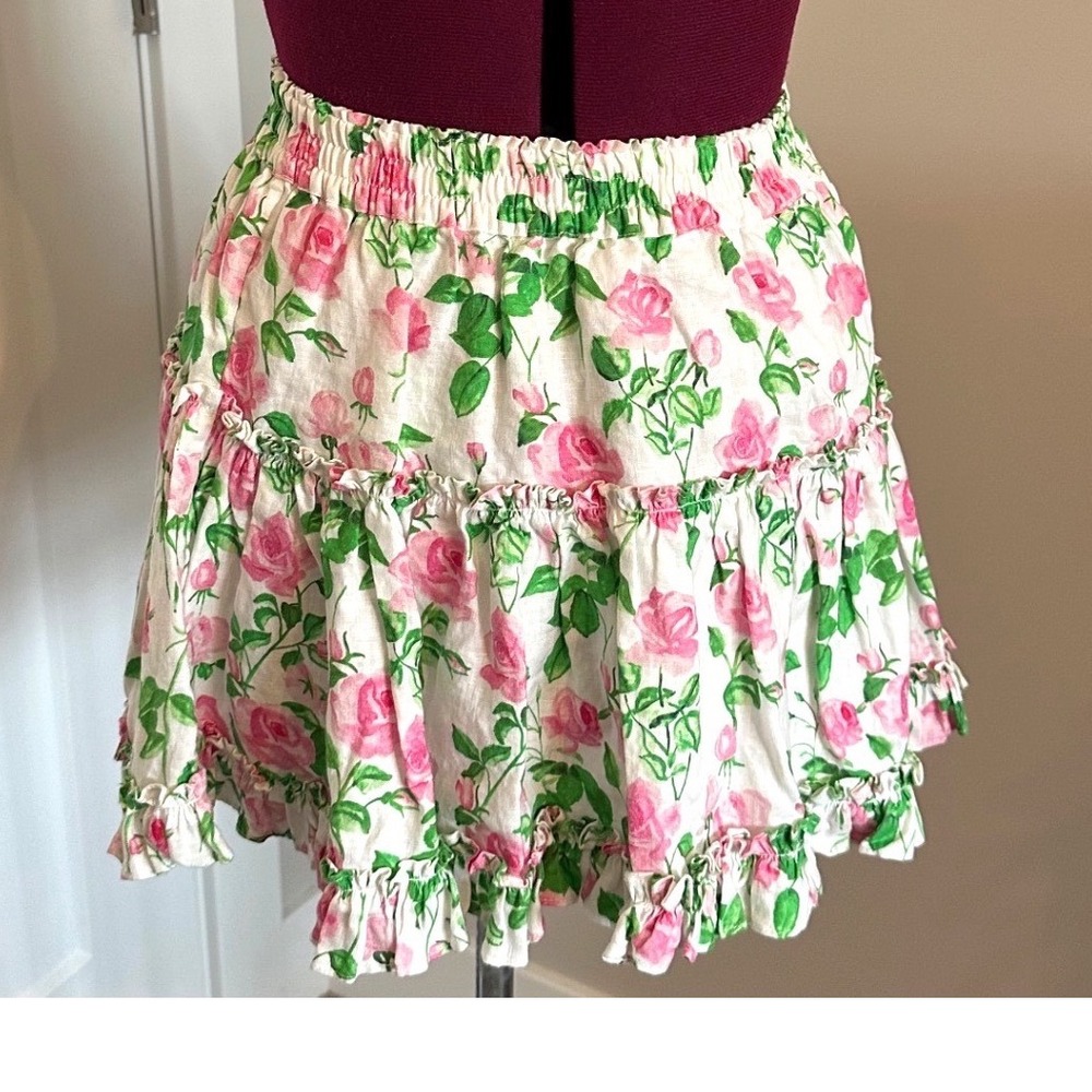 Hill House Paz Pink Rose Floral Ruffle Mini Skirt Smocked Waist Small/feminine